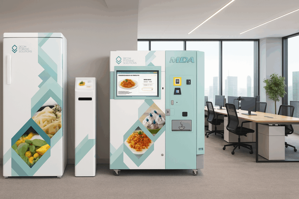 Automat z posiłkami wewnątrz przestrzeni biurowej